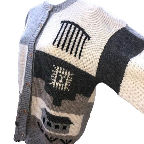 Vintage Wool Cardigan Womens Chunky Wooden Buttons Gray White Crew Neck Abstract - Picture 4 of 14